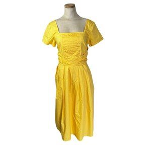 eShakti women's dress M yellow fit and flare short sleeve midi pleated cotton
